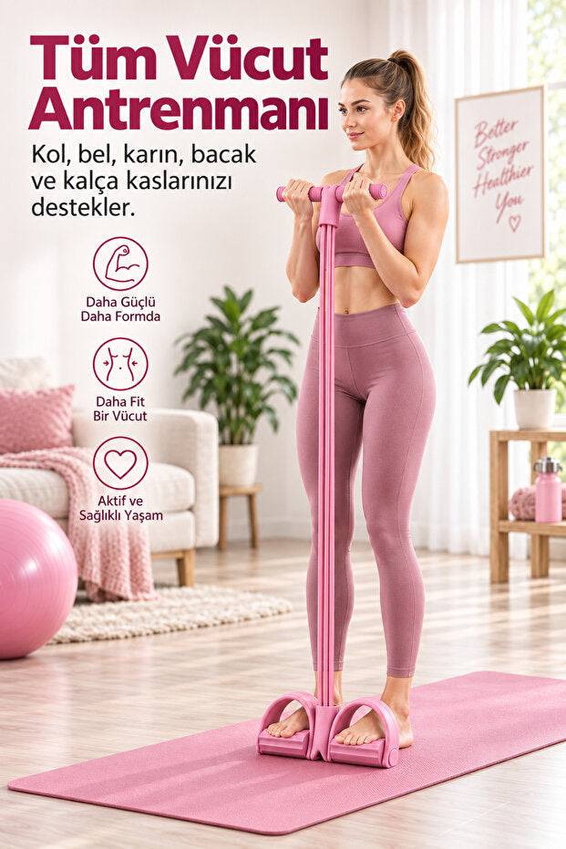 4 Tüplü Pedallı Karın ve Bacak Egzersiz Lastiği - Pembe