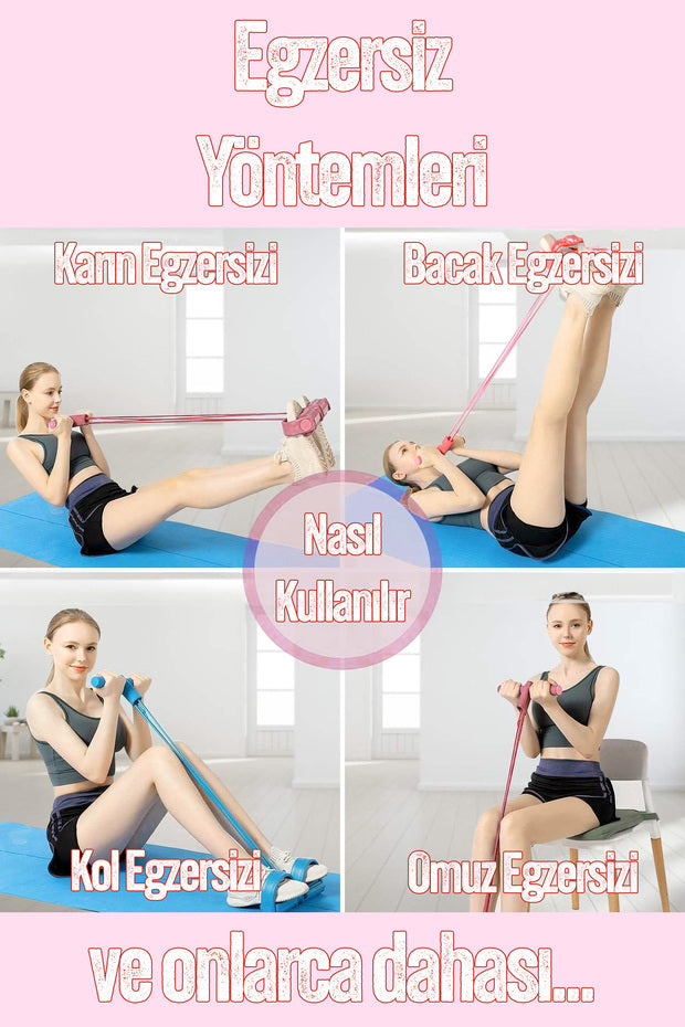 4 Tüplü Pedallı Karın ve Bacak Egzersiz Lastiği - Pembe